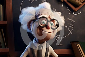 True senior genius at schoolboard cartoon. Generate ai photo
