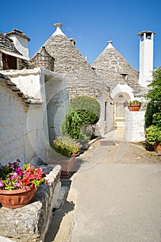 Trulli of Alberobello, Puglia, Italy: Typical houses built with dry stone walls and conical roofs. In a beautiful sunny day.