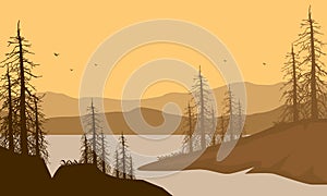 A truly beautiful mountain panorama from the riverbank at sunset in the afternoon. Vector illustration
