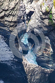 trummelbach falls, the biggest waterfall in Europe, inside a mountain accessible for public, Lauterbrunnen village, canton Bern,