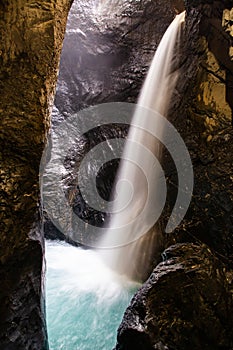 trummelbach falls, the biggest waterfall in Europe, inside a mountain accessible for public, Lauterbrunnen village, canton Bern,