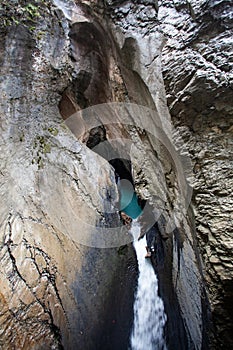 trummelbach falls, the biggest waterfall in Europe, inside a mountain accessible for public, Lauterbrunnen village, canton Bern,