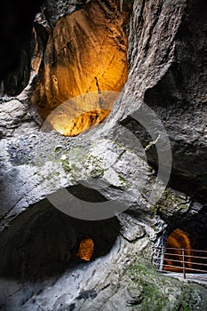 trummelbach falls, the biggest waterfall in Europe, inside a mountain accessible for public, Lauterbrunnen village, canton Bern,