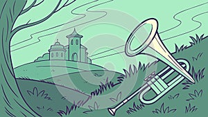 Trumpet and Ancient Castle in Rustic Landscape, vector design Generative AI