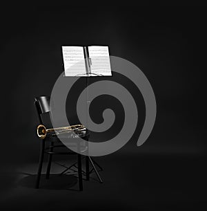 Trumpet, chair and note stand with music sheets on black background.