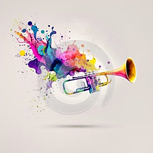 Trumpet colorful splash illustration on white background, generative AI