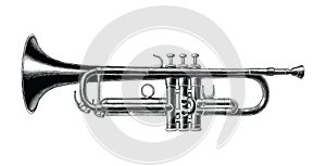 Trumpet hand draw vintage style black and white clip art isolated on white background photo