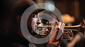 Trumpet instrument. Music player trumpeter jazz playing. Brass instrument cornet hands, generative ai