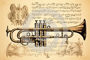 Trumpet musical instrument antique drawing