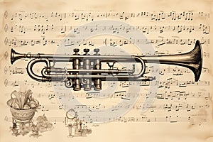 Trumpet musical instrument antique drawing