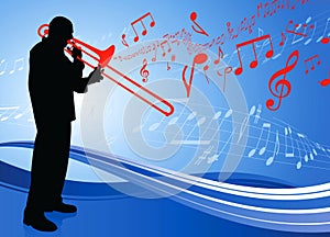 Trumpet Musician on Musical Note Background