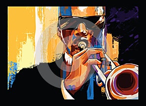 Trumpet player on grunge background photo