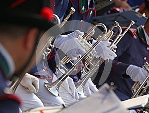 Trumpet players in the band during a performance