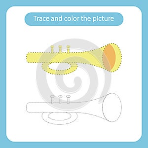 Trumpet toy with simple shapes. Trace and color the picture