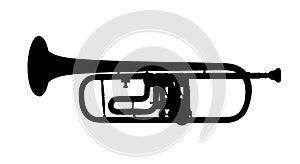 Trumpet vector silhouette illustration isolated on white background. Music wind instrument symbol.