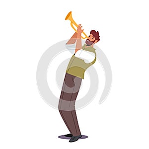 Trumpeter Blowing Musician Composition. Trumpet Player Male Character Playing on Pipe Isolated on White Background