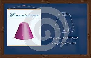 Truncated cone. Geometric figure and formulas for calculating its surface area and volume drawn in chalk on chalkboard