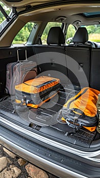 The trunk of a car with two suitcases in it, AI