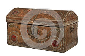 Trunk chest redish brown leather covered brass studed old antique
