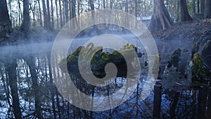Trunk on a lake in a foggy day in the forest. Ginnie Springs, Florida. USA