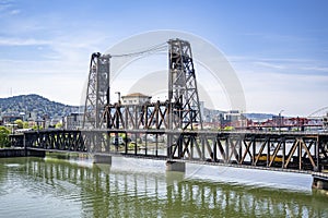 Truss Hawthorne Lift Bridge across Willamette River in Portland Oregon Down Town