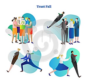 Trust fall vector illustration collection set. Team building and colleague cooperation in people group. Personality growth.