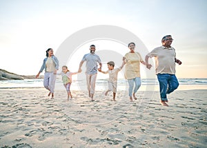 Trust, family and walking with holding hands on beach with freedom with care on vacation with sunshine. Love, children