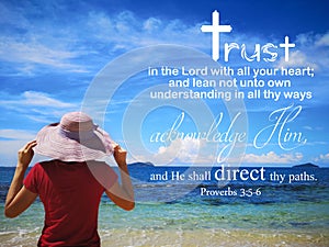 Trust in God with background ocean view and a lady look up to the sky design for Christianity. photo