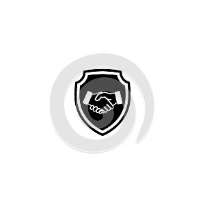 Trust icon. Handshake icon with shield. Responsibility glyph icon