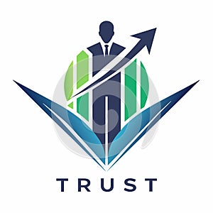 The trust logo features an arrow pointing to a man in a suit, symbolizing trustworthiness and professionalism, A modern and