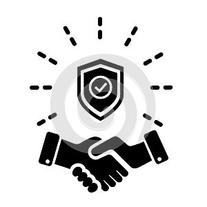 Trust partnership in business vector icon, safe deal illustration sign, handshake with shield symbol.