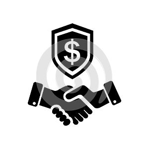 Trust partnership in business vector icon, safe deal illustration sign, handshake with shield symbol.