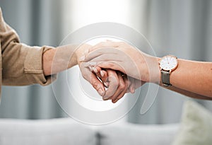 Trust, patient or nurse holding hands in hospital consulting after surgery or medical test results for support. Empathy
