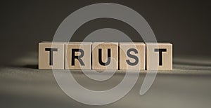 TRUST word written on wooden blocks. TRUST text on table, concept