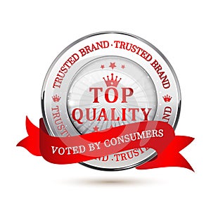 Trusted Brand. Top Quality, Voted by consumers - shiny metallic red icon / label / badge.
