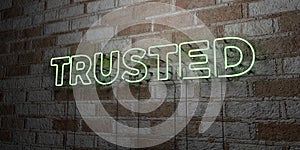 TRUSTED - Glowing Neon Sign on stonework wall - 3D rendered royalty free stock illustration