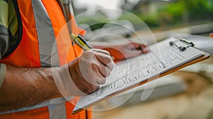 With a trusty clipboard in hand the site manager documents any necessary changes or updates to the construction plans photo