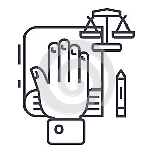 Truth concept,hand on book, bibile,small scales vector line icon, sign, illustration on background, editable strokes photo