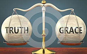 Truth and grace staying in balance - pictured as a metal scale with weights and labels truth and grace to symbolize balance and