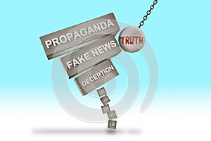 Truth knocking propaganda, fake news and deception off blocks of lies