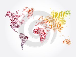 Truth word cloud in shape of world map, concept background