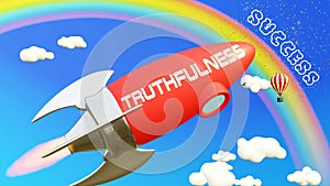 Truthfulness lead to achieving success in business and life. Cartoon rocket labeled with text Truthfulness, flying high in the