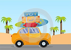 Trveling by yellow car with pile of luggage bags on roof and with surfboard on beach with palms. Summer tourism, travel, trip.