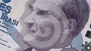 TRY paper money with portret of president Mustafa Kemal Ataturk