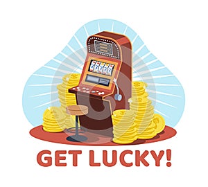 Try your luck with slot machine at casino. Stack of golden coins. Gambling poster. Online bingo game. 777 jackpot