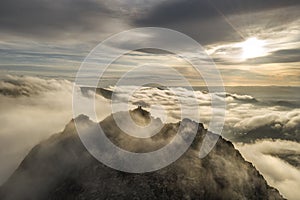 Tryfan mountain in Snowdonia aerial sunrise with cloud inversion