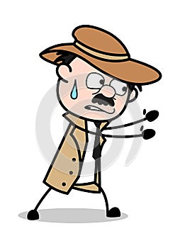 Trying to Push - Retro Cartoon Police Agent Detective Vector Illustration