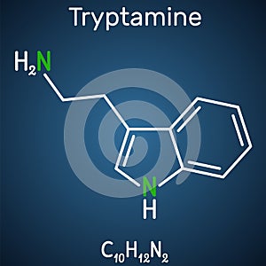 Tryptamine molecule. It is alkaloid, aminoalkylindole. Structural chemical formula on the dark blue background photo