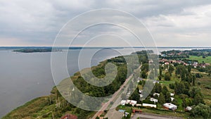 Trzebiez, Poland. Aerial view on coast of Zalew Szczecinski and forest. Drone photo