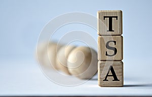 TSA - acronym on a wooden block on a white background with wooden balls